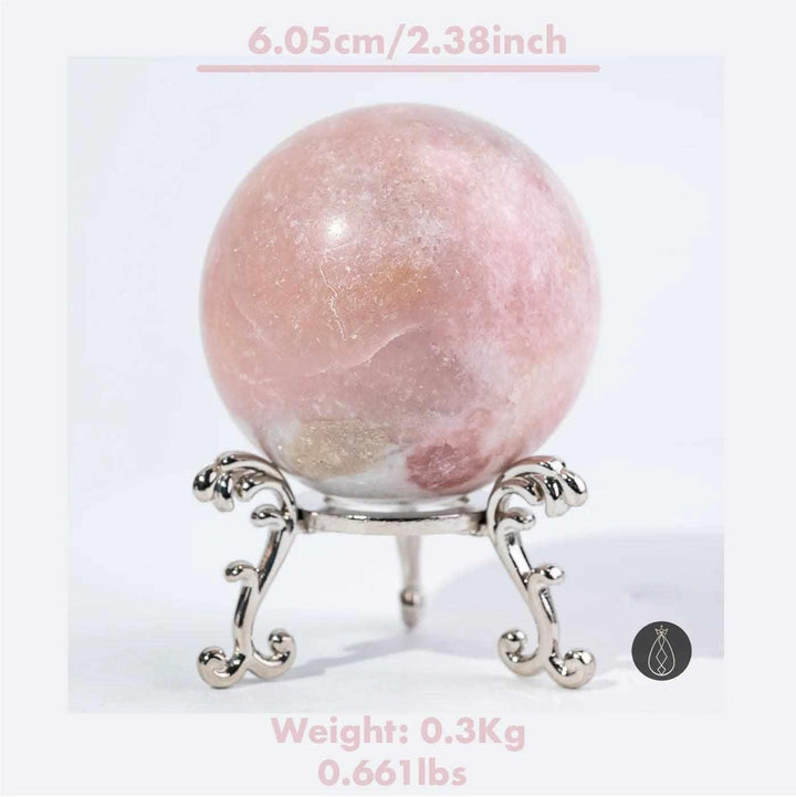 Polished 6cm pink opal sphere in blush and bubblegum tones, perfect for heart chakra healing and calm home decor.