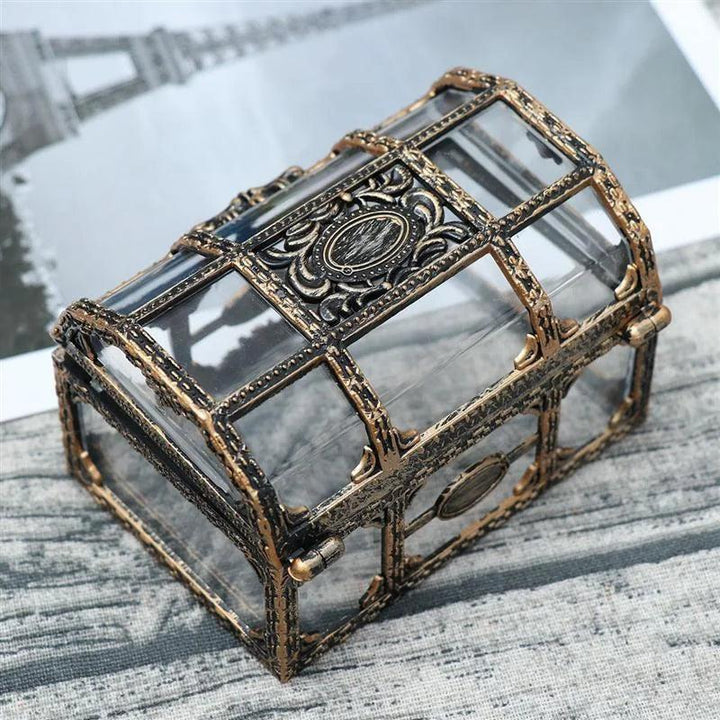 Clear plastic pirate treasure box with ornate gold-tone trim, perfect for storing and displaying your favorite crystals.