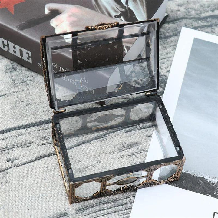 Clear plastic pirate treasure box with ornate bronze-toned trim, perfect for storing and displaying your crystal gems.