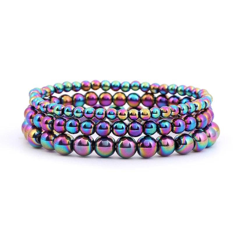 Vibrant 4 6 8 mm plated hematite stretch bracelets, iridescent rainbow colors, perfect friendship gift.