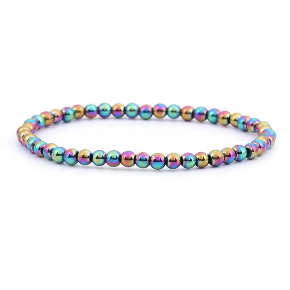 Iridescent plated hematite stretch bracelet with 4 6 8 mm beads, a vibrant friendship gift.
