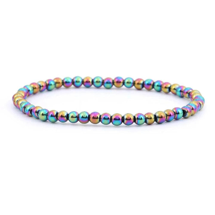 Iridescent plated hematite stretch bracelet with 4 6 8 mm beads, a vibrant friendship gift.