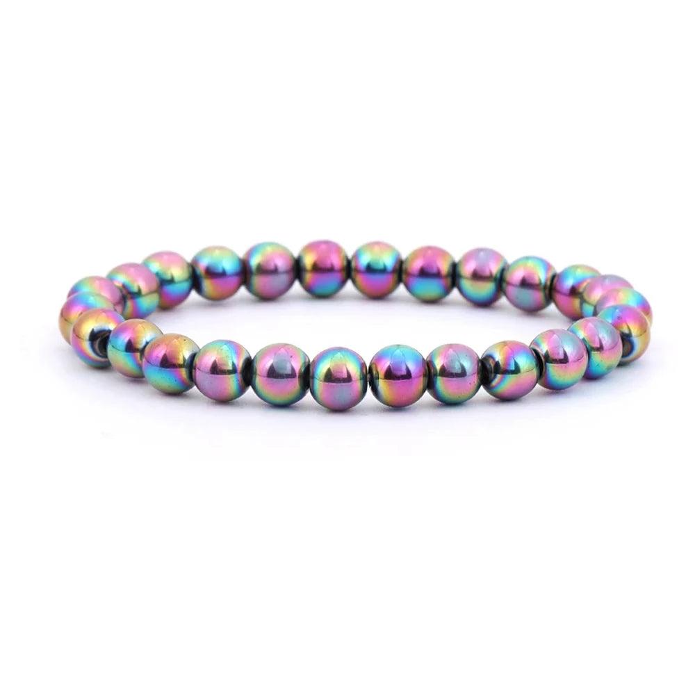 Iridescent plated hematite stretch bracelet, 4 6 8 mm beads, perfect friendship gift.