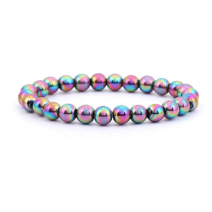 Iridescent plated hematite stretch bracelet, 4 6 8 mm beads, perfect friendship gift.