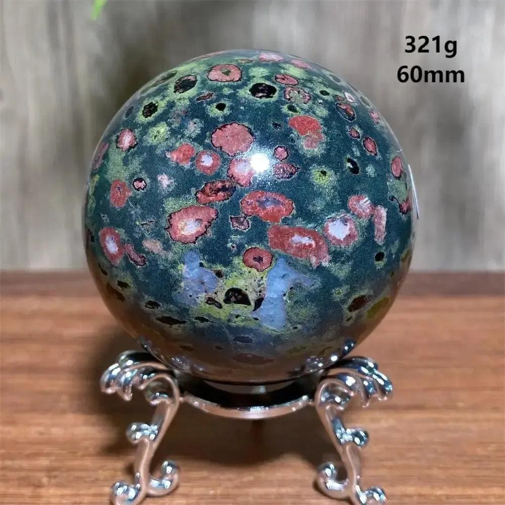 Plum Blossom Jade crystal sphere, 321g, 60mm, with green, cream, and red floral patterns from Crystal Destiny.