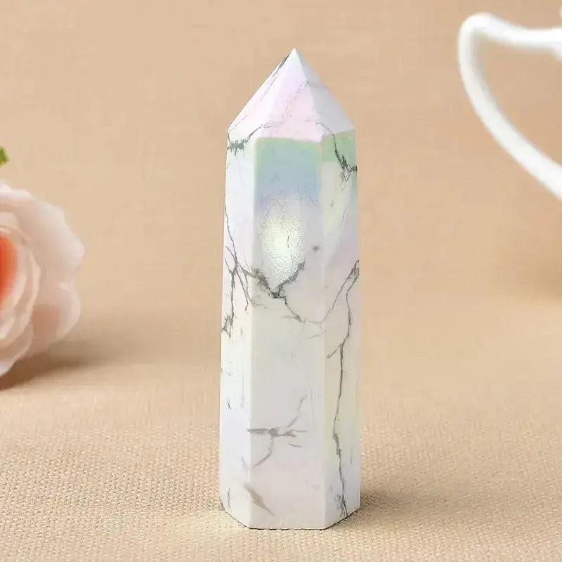 Iridescent white crystal tower with grey veining, hand-polished for energy work and spiritual practice.