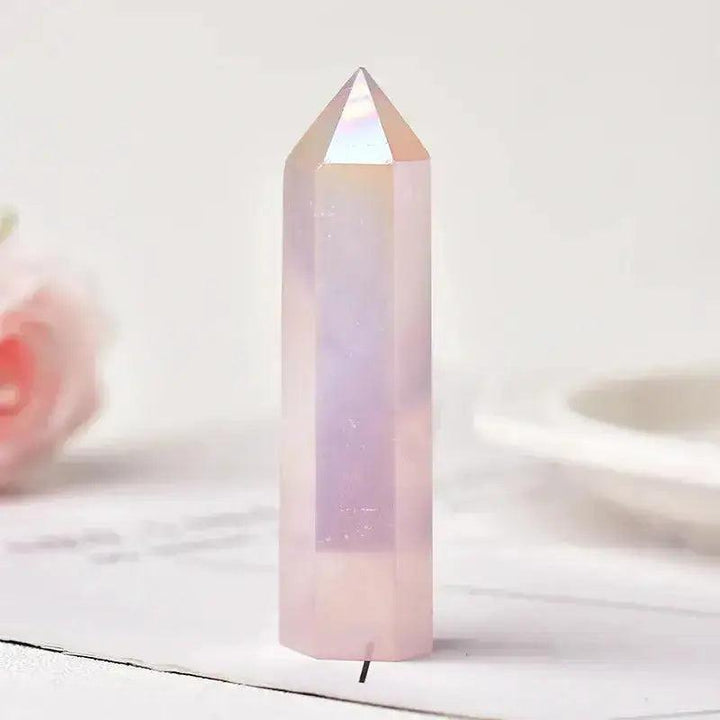 Iridescent pink Aura Quartz Crystal Tower, hand-polished, perfect for energy work, manifestation, and décor.