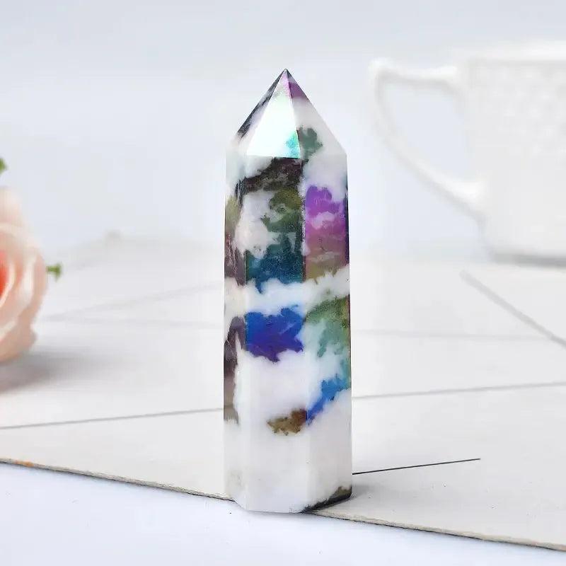 Vibrant aura quartz crystal tower, hand-polished with iridescent hues, perfect for energy work and home décor.