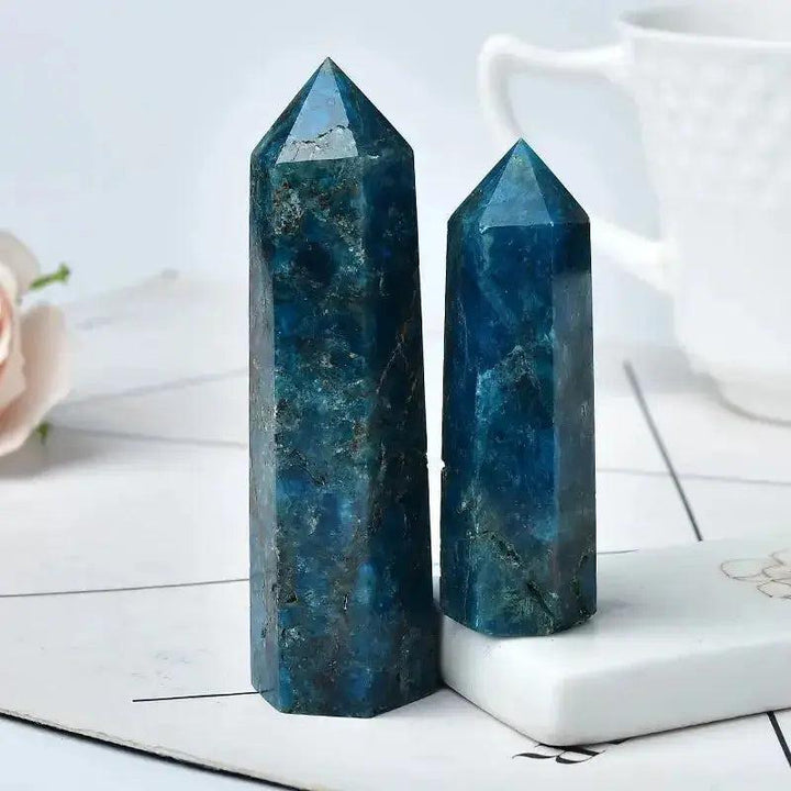 Two polished blue Apatite Crystal Towers, showcasing vibrant hues and unique patterns for energy work and décor.
