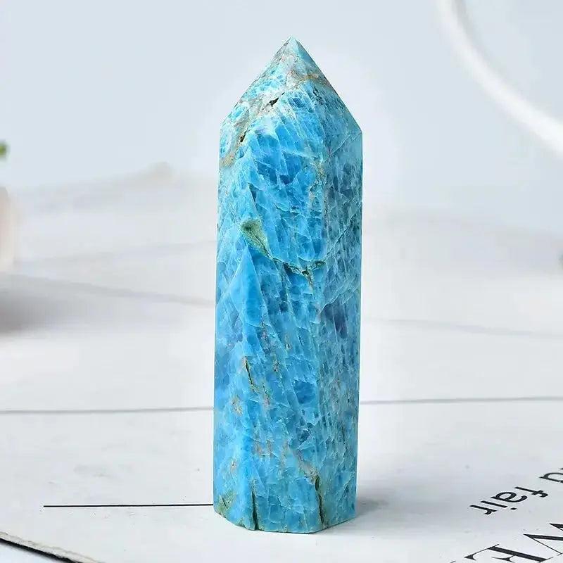 Polished blue apatite crystal tower, ideal for manifestation, chakra balancing, and sacred spaces.