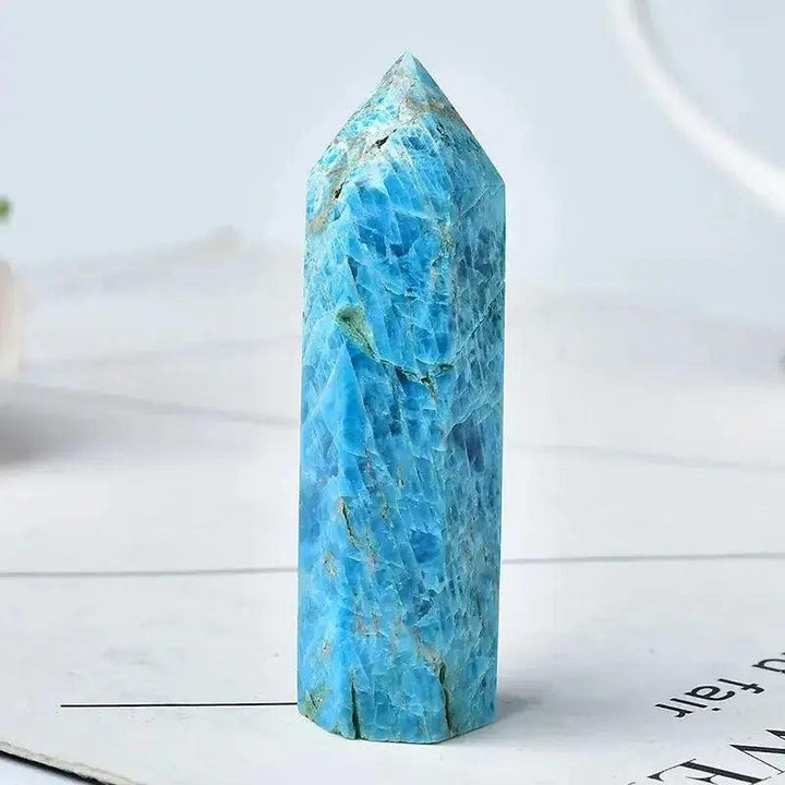 Polished blue apatite crystal tower, ideal for manifestation, chakra balancing, and sacred spaces.