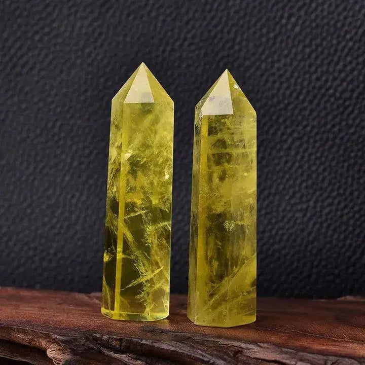 Two polished yellow Citrine Crystal Towers, ideal for manifestation and chakra balancing.