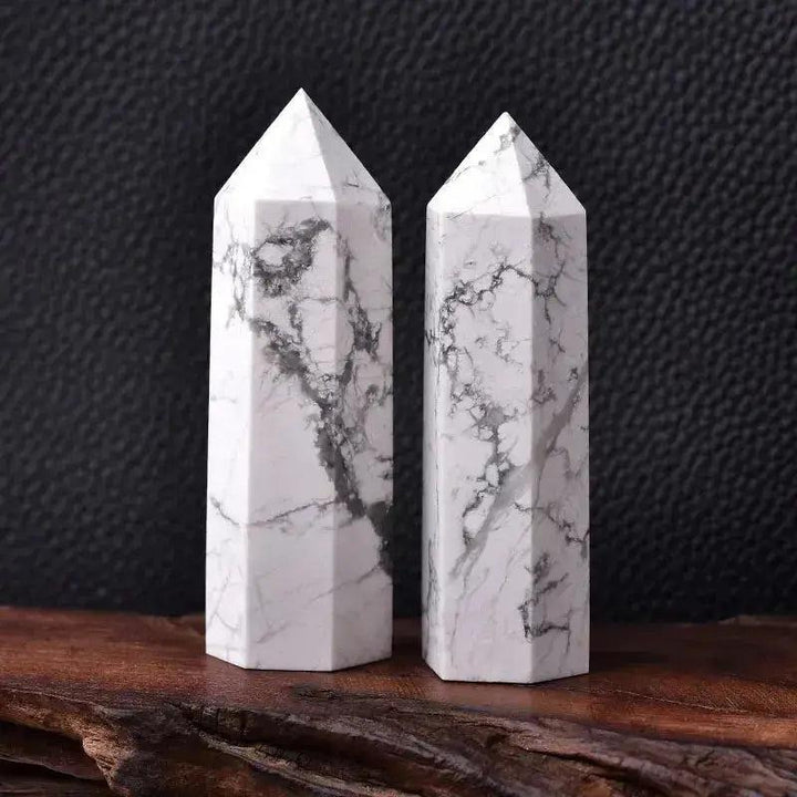 Two polished Howlite Crystal Towers, white with striking gray veins, perfect for energy work and décor.