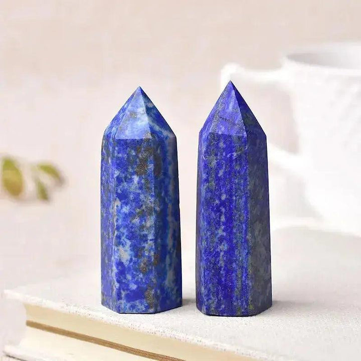 Two polished Lapis Lazuli Crystal Towers, deep blue with gold flecks, for manifestation and chakra balancing.