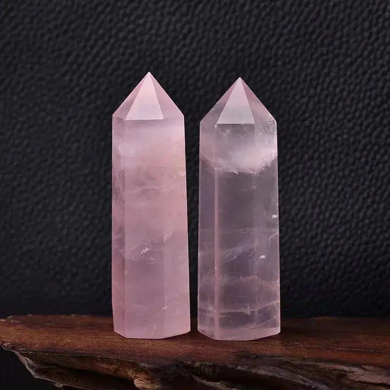 Two polished pink Rose Quartz Crystal Towers, perfect for love, healing, and chakra balancing.