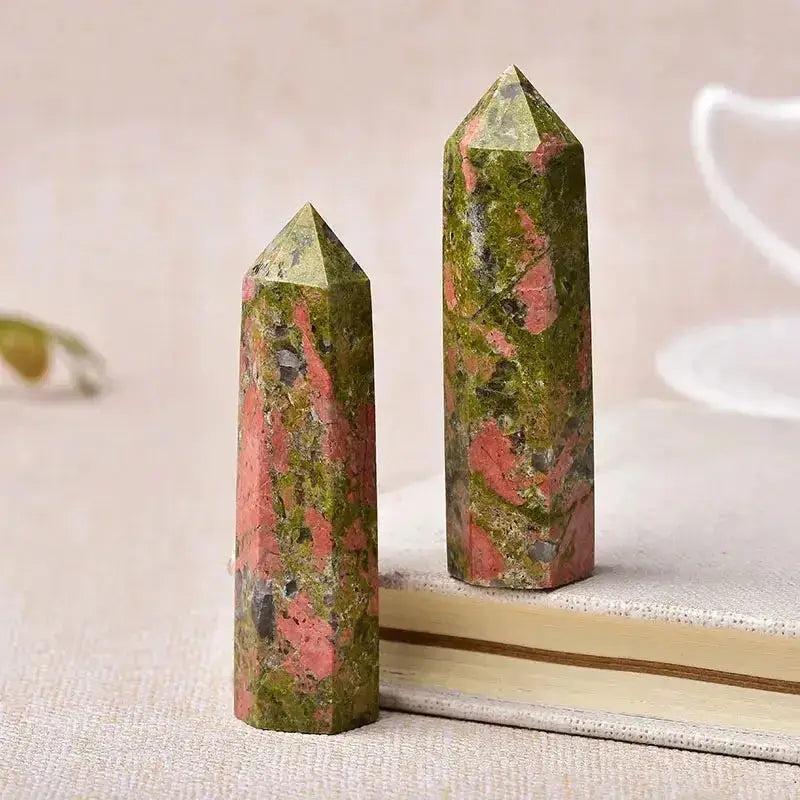 Two polished Unakite Crystal Towers, showcasing vibrant green and pink hues, perfect for energy work and décor.