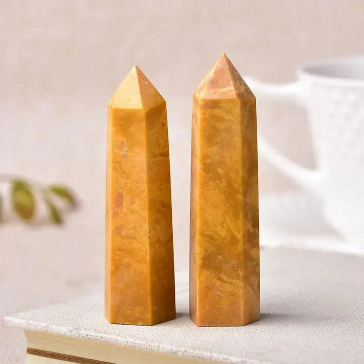 Two polished yellow jasper crystal towers, perfect for energy work, chakra balancing, and home décor.