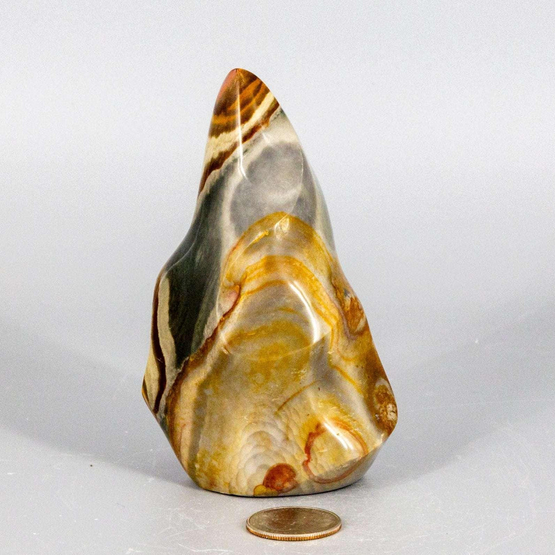 Premium Polychrome Jasper Flame with earthy reds, oranges, browns, and creamy whites in flowing, landscape-like patterns.