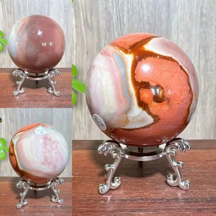 Vibrant Polychrome Jasper Crystal Sphere with earthy reds, browns, tans, and grays on a silver stand.