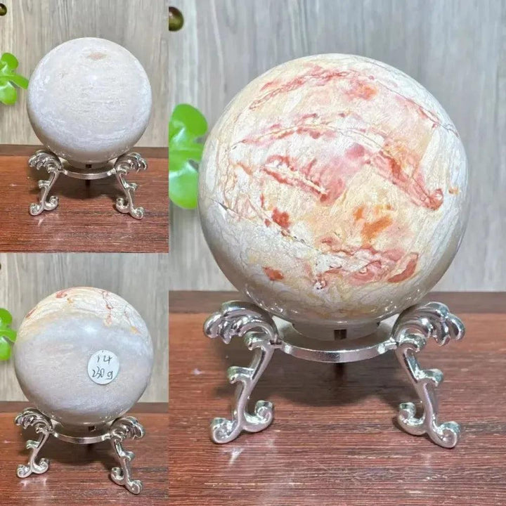 Polychrome Jasper crystal sphere from Crystal Destiny, featuring earthy reds, browns, tans, and grays on a silver stand.