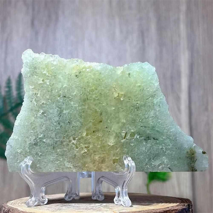 Polished Prehnite Agate slab in soft green and yellow, perfect for Heart Chakra balance and elegant shelf display.