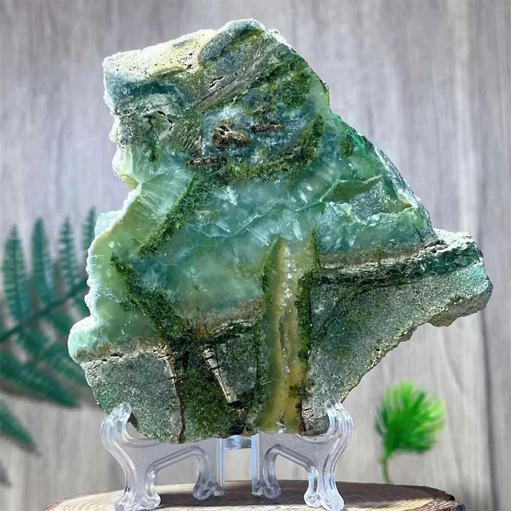 Polished Prehnite Agate slab featuring soft green, yellow, and white tones for heart chakra balance and home display.