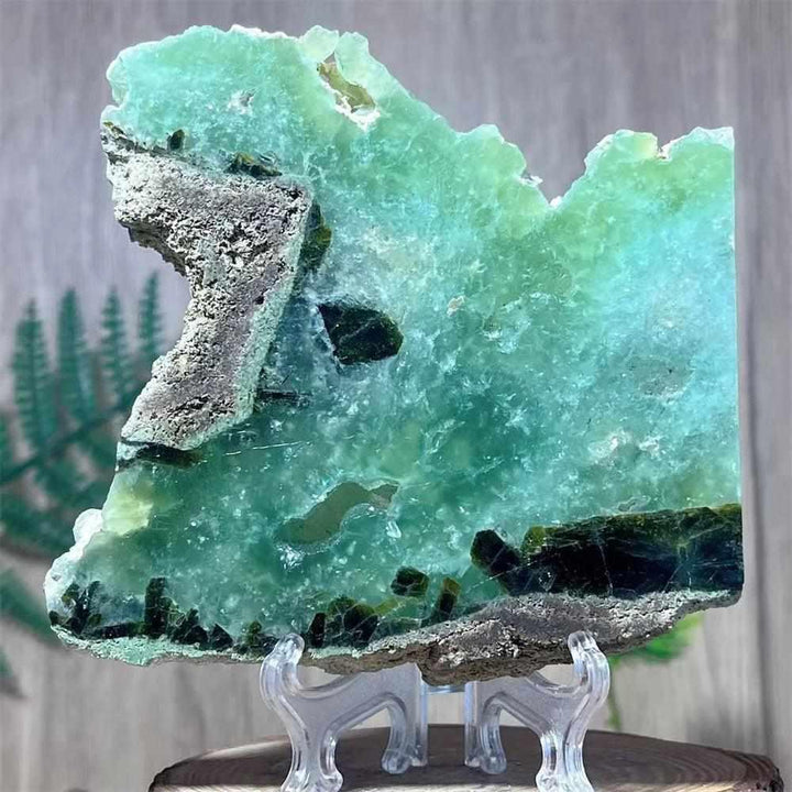 Polished Prehnite Agate slab in soft green and white, perfect for Heart Chakra balance and elegant shelf display.