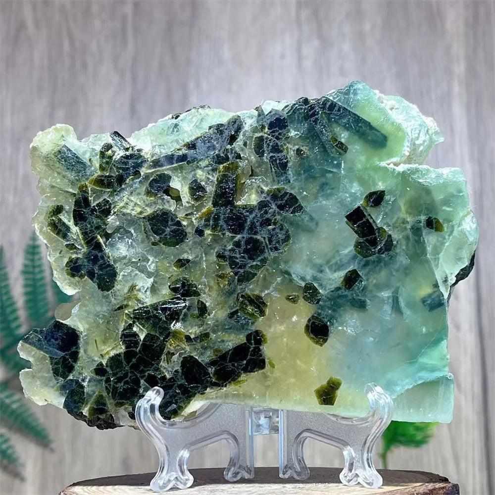 Polished Prehnite Agate slab featuring soft green, yellow, and white tones for Heart and Solar Plexus Chakra balance.