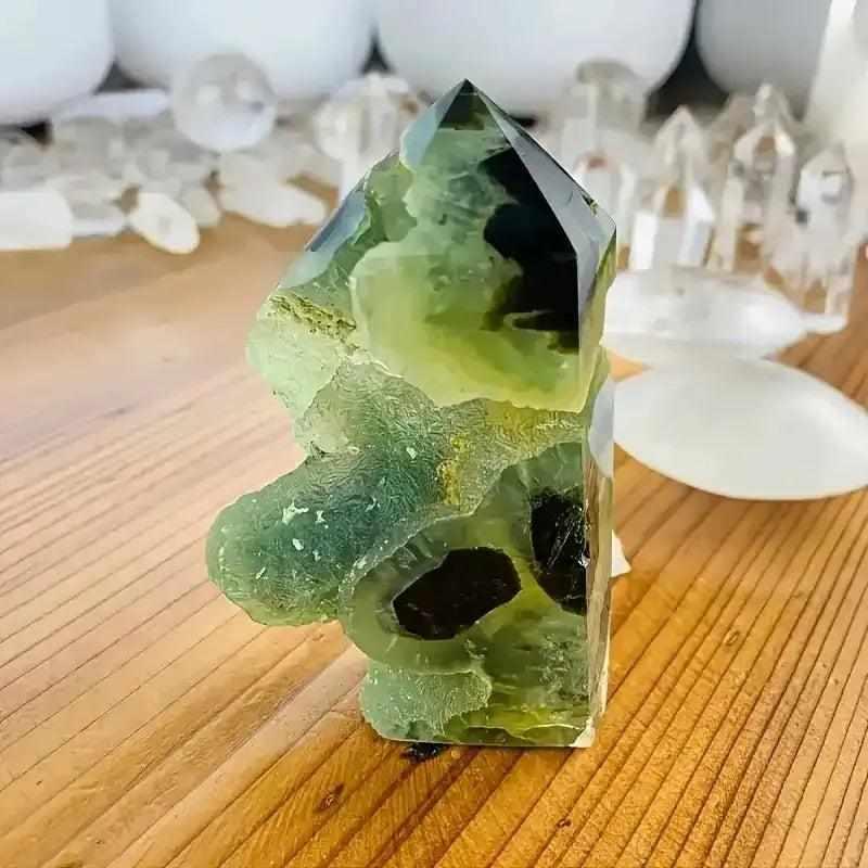 Translucent apple-green Prehnite tower with dark Epidote needles and natural druzy edges for Heart Chakra healing.