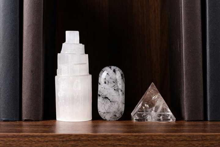 Purification & Cleansing crystal set: Selenite, Tourmalinated Quartz and Clear Quartz on a bookshelf