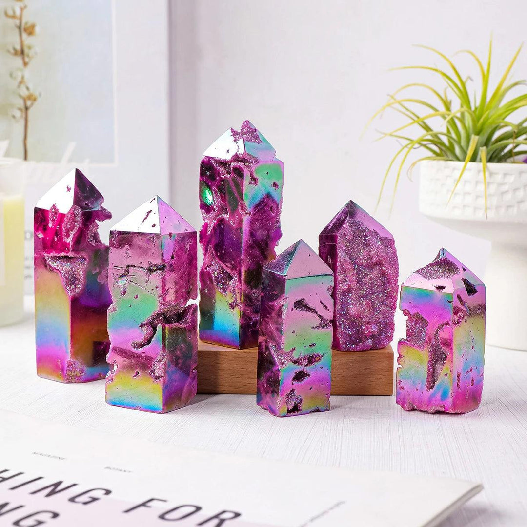 Purple electroplated sphalerite druzy crystal tower for healing, featuring vibrant iridescent colors and raw geode texture.