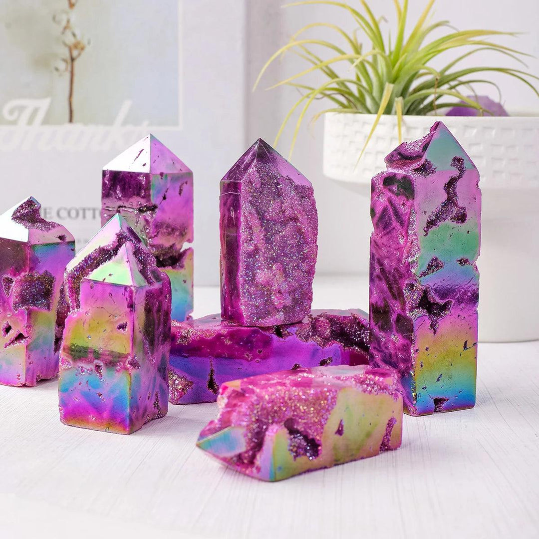 Iridescent purple electroplated sphalerite druzy crystal tower for healing, meditation, and unique home decor.