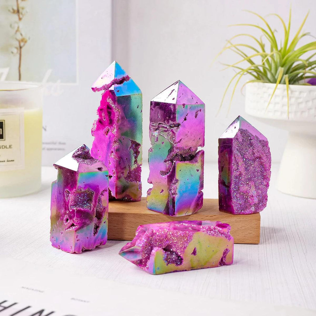 Iridescent purple electroplated sphalerite druzy crystal tower for healing, meditation, and unique home decor.