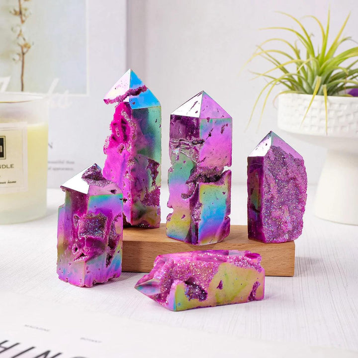Iridescent purple electroplated sphalerite druzy crystal tower for healing, meditation, and unique home decor.