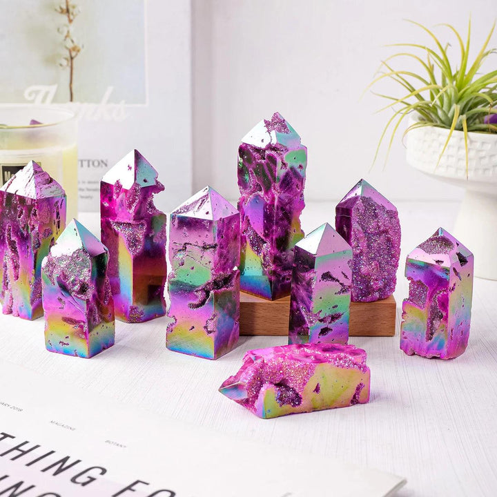 Iridescent purple electroplated sphalerite druzy crystal towers for meditation, healing, and unique home decor display.