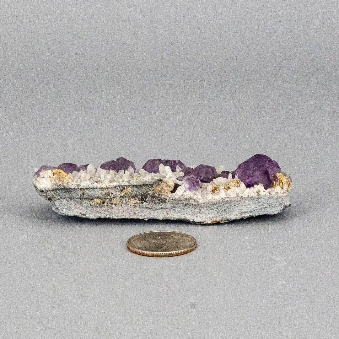 Purple Fluorite Cubes on Calcite "Nubbies" specimen with deep purple cubes and creamy white calcite.