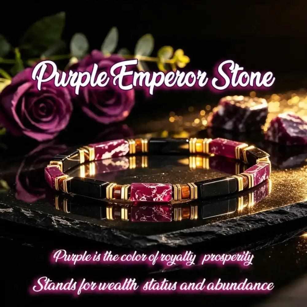Purple Imperial Jasper and Black Onyx bracelet featuring gold-tone spacers, tiger's eye accents, and grounding energy.
