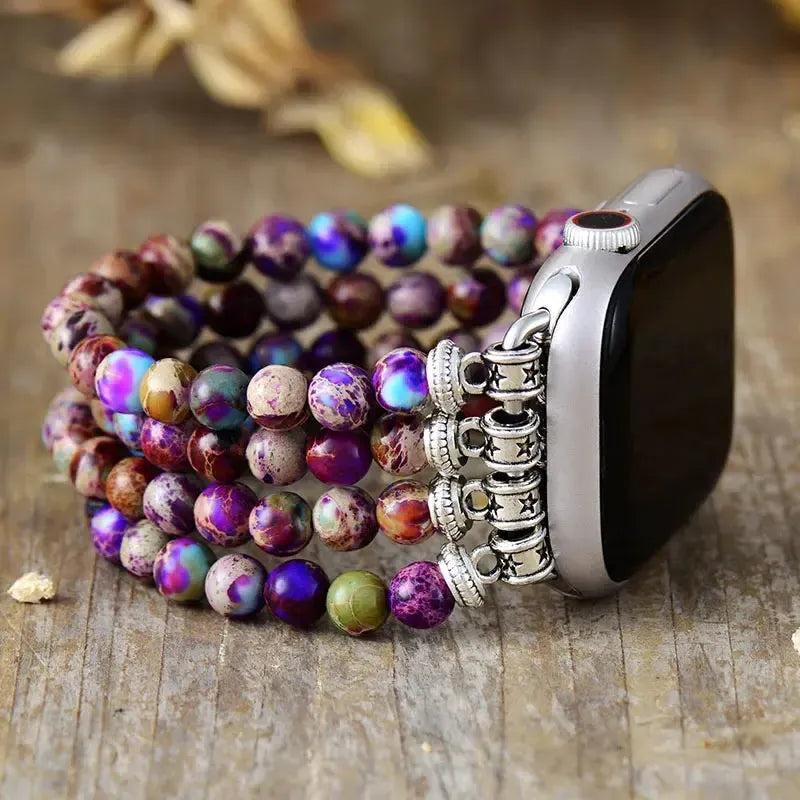 Purple Jasper Multi-Layer Apple iWatch Band by Crystal Destiny, featuring round purple, green, and brown beads.