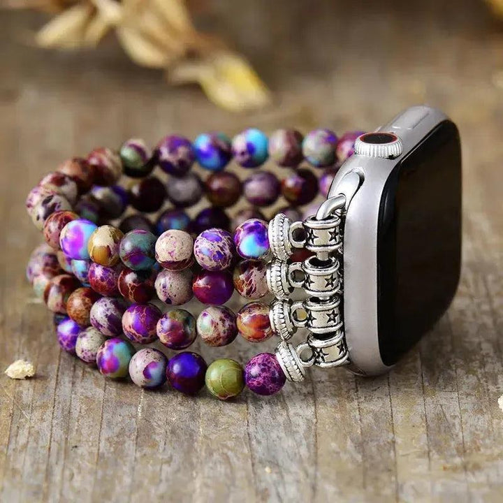 Purple Jasper Multi-Layer Apple iWatch Band by Crystal Destiny, featuring round purple, green, and brown beads.