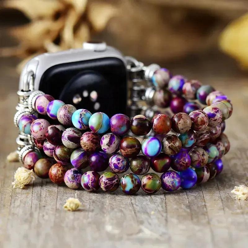 Purple Jasper Multi-Layer Apple iWatch Band with rich purple, blue, and earthy tones, promoting emotional balance and strength.