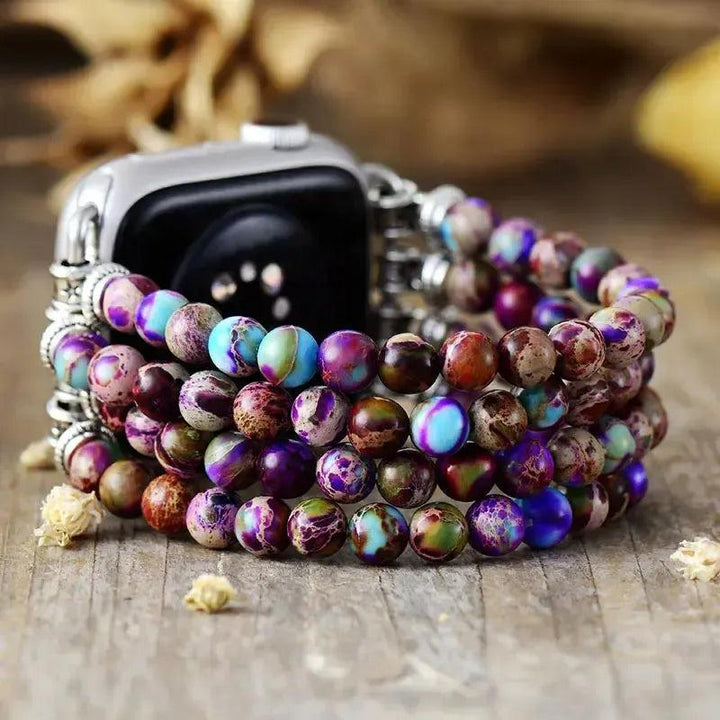 Purple Jasper Multi-Layer Apple iWatch Band with rich purple, blue, and earthy tones, promoting emotional balance and strength.