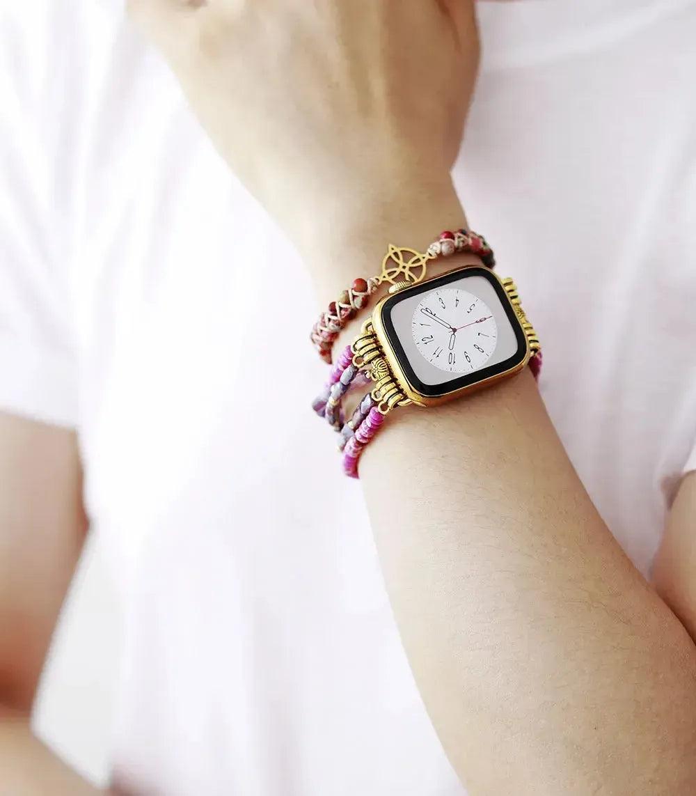 Purple Jasper Multi-Strand Apple iWatch Band with gold casing, promoting emotional stability and inner strength.