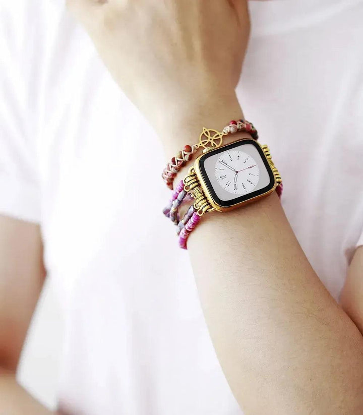 Purple Jasper Multi-Strand Apple iWatch Band with gold casing, promoting emotional stability and inner strength.