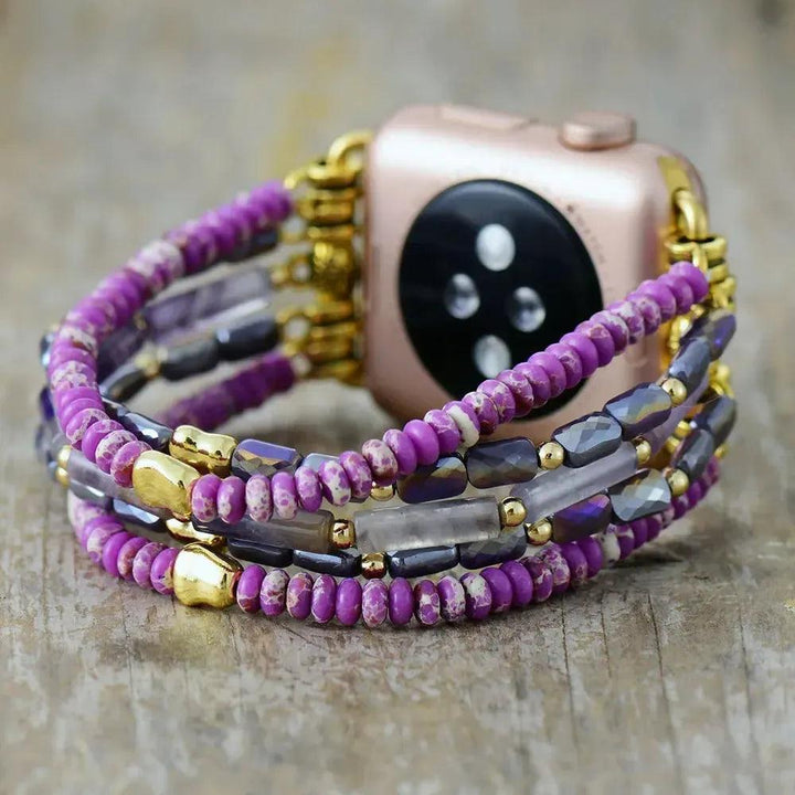Purple Jasper Multi-Strand Apple iWatch Band with rich purple jasper, crystal beads, and gold accents for emotional stability.