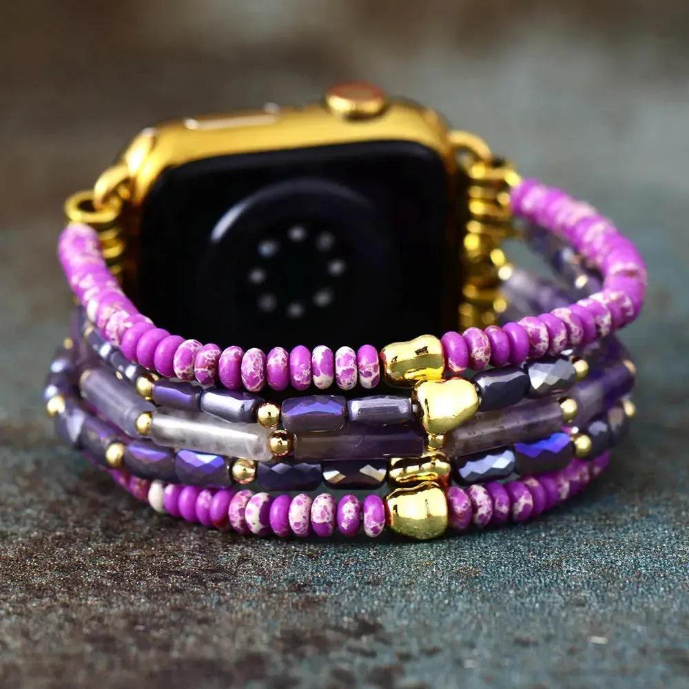 Purple Jasper Multi-Strand Apple iWatch Band with rich purple jasper and crystal beads for emotional stability.