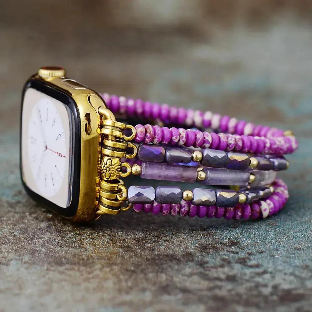 Purple Jasper Multi-Strand Apple iWatch Band by Crystal Destiny, featuring vibrant purple jasper and crystal beads.