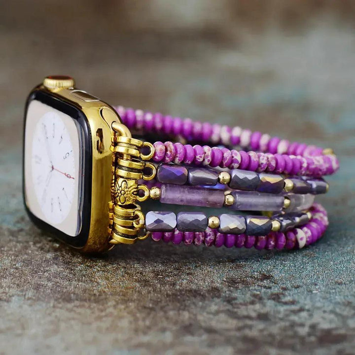 Purple Jasper Multi-Strand Apple iWatch Band by Crystal Destiny, featuring vibrant purple jasper and crystal beads.