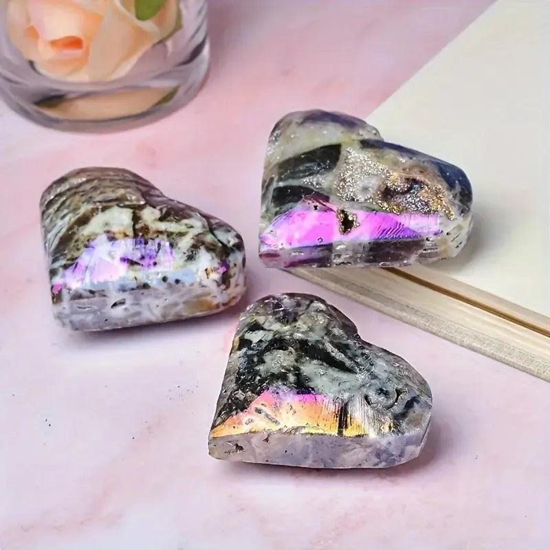 Three iridescent purple Sphalerite druzy heart crystals from Crystal Destiny, sparkling with metallic shimmer.