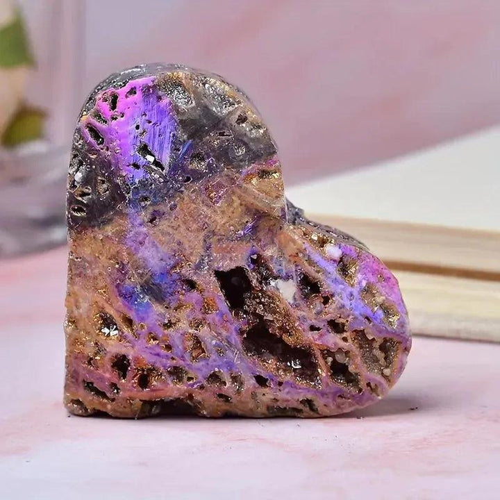 Sparkling purple Sphalerite druzy heart from Crystal Destiny, with iridescent shimmer and natural formations.