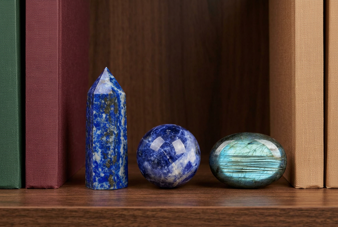 Purpose & Direction crystal set: Lapis Lazuli, Sodalite and Labradorite on a bookshelf